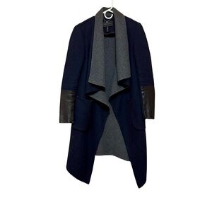 BCBGMaxAzria Trench Coat Womens S Blue Charcoal Leather Sleeve Belted Chic